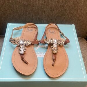 Guess Women's Tan Sandals with Sparkling Embellishments